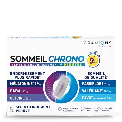 GRANIONS SOMMEIL CHRONO - Melatonine 1,9 mg Sommeil Adulte - Mélatonine + Valeriane + Passiflore + GABA - Sommeil 9 min temps d'endormissement - Melatonine Action Rapide - 1 MOIS-30 Comprimés bicouche