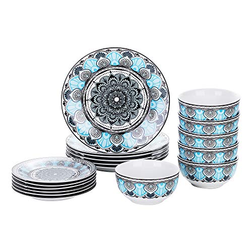 Veweet, Series Audrie, Porcelain Dinnerware Set For 6, 18 Pcs Ceramic Dinner Sets With Patterned Floral, Including Dinner Plates, Dessert Plates, Cereal Bowls, Boho Dinnerware #TOP30