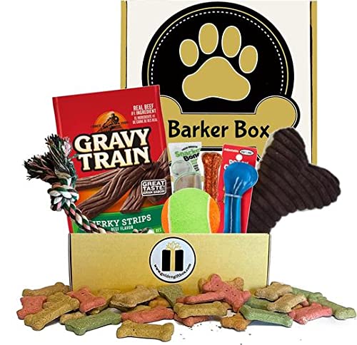 Barker Dog Box! Dog Gift Box with Dog Chew Toy and Treats! Dog Gift Basket for Old Dogs, New Dogs, Large Dogs, Puppy Dogs, Neighbor's Dogs and More! (Regular Barker Box)
