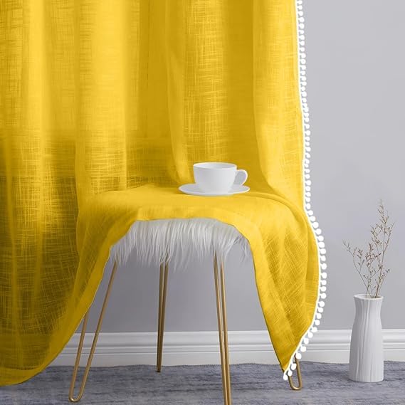 Image of THE LINEN COMPANY Cotton Linen Solid Curtain Set with Eyelet Rings (Lemon, Window - 6.5 Feet)