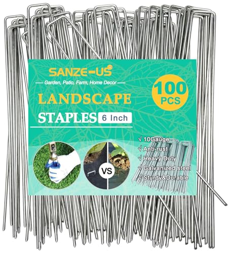 6 Inch Galvanized Landscape Staples, 100 Pack 10 Gauge Garden Stakes, Ground Staples for Securing Weed Fabric Barrier, Garden Hose Stake, Artificial Turf Stakes
