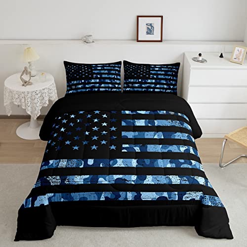 Erosebridal American Flag Comforter Set Twin for Boys Kids Teens Bedroom, Camouflage Bedding Set United States Down Comforter USA Federations Stars Duvet Sets 2 Pieces with 1 Pillow Case, Bl