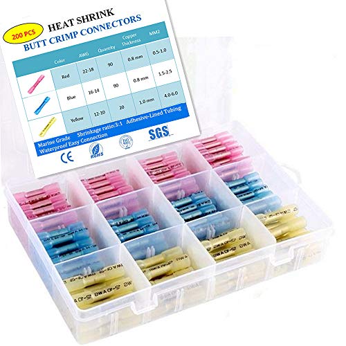 Upgraded 200PCS Heat Shrink Butt Connectors, Insulated Waterproof Electrical Wire Terminals Kit Marine Automotive Wire Connectors Crimp Terminals, Butt Splice 3 Colors/ 3 Sizes, 12-10 16-14 22-18 AWG