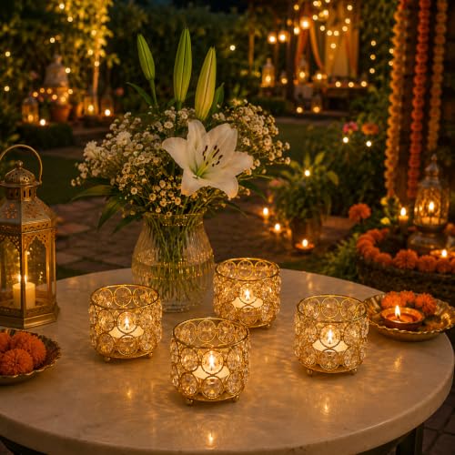 Image of Easyera Beautiful Lotus Tealight Holder Candle Stand Metal Home Decoration Festival Occasions Diwali (Not Include Glass Candle) Golden Pack ((Golden) Mini Lotus 2 /Crystal Holder 2)