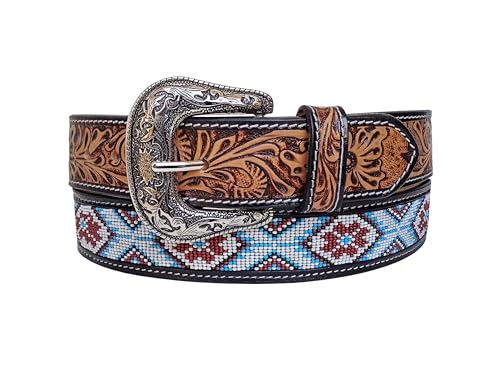 Western Tooled Leather Beaded Belt For Men and Women 30IS1162