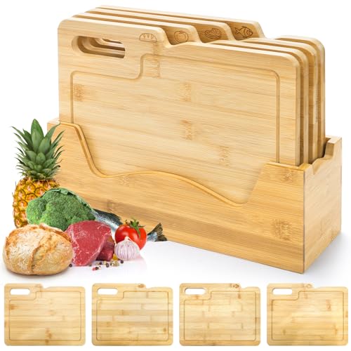 ZENFUN 4 Pack 12.5'L x 9.8'W Bamboo Cutting Boards with Holder, Wood Cutting Board Set, Chopping...