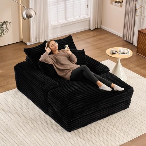 Yihomfy Cord Samt Lounge Sofa, 137x175 cm, Daybed & Lounger für Wohnzimmer, 2-Sitzer Couch, Extra Bequemes Sofa zum Liegen, Zum Ausstrecken und Entspannen, Schwarz