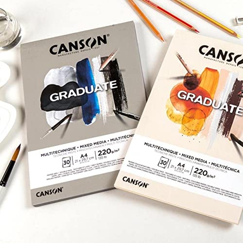 CANSON Graduate, Mixed Media Papier, zweiseitig: gekörnt und glatt, 220 g/m², an der kurzen Seite geleimter Block, DIN A3, 29,7x42 cm, Natur, 30 Blatt