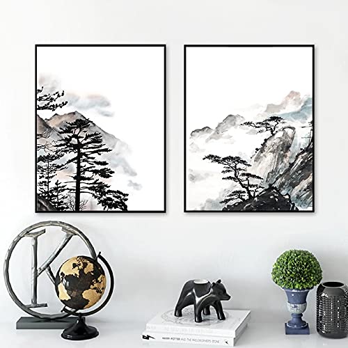 Regalo de Feng Shui artístico cuadro zen de tinta negra y acuarela oriental decoración elegante