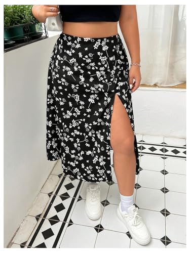 Floerns Women's Plus Size Floral Elastic High Waist Skirt Boho Slit Hem Midi Skirt3