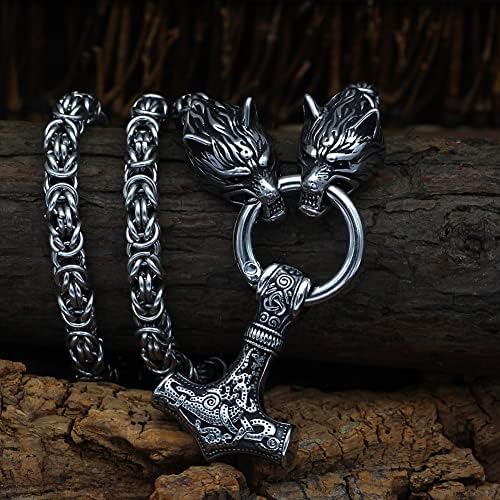 GuoShuang Mjolnir necklace viking jewellery for men wolf with Thor hammer necklace Stainless Steel Chain gift norse pendant