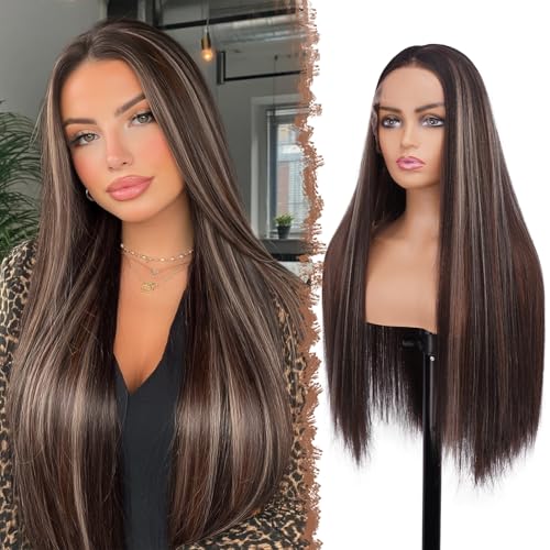 FESHFEN Perruque Lace Frontal 13x4 - Longue Lisse Perruques pour Femmes Mélange Brun Auburn et Blond Wigs Synthétique Lace Wig, 75 cm