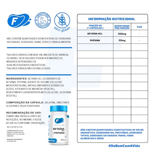 Betaína HCl 300mg+Pepsina 40mg, Enzimas Digestivas, 30 Cápsulas