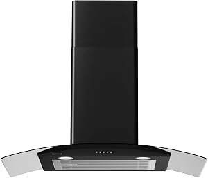 30 Inch Black Range Hood Wall Mounted Curved Glass Range Hoods with 450 CFM, Stainless Steel kitchen Ductless/Ducted Convertible with 3 Speed Controls, Permanent Baffle Filters and 2 LED Lights