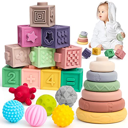 Image of SINOMARS 24pcs Baby Toys 6-12 Months, Montessori Toys for 1 Year Old, Stacking Building Blocks for Toddlers 1-3, Soft Baby Teething Rings Toy for Infant 0-6 Months, Sensory Ball for 0-3-6-9-12 Months