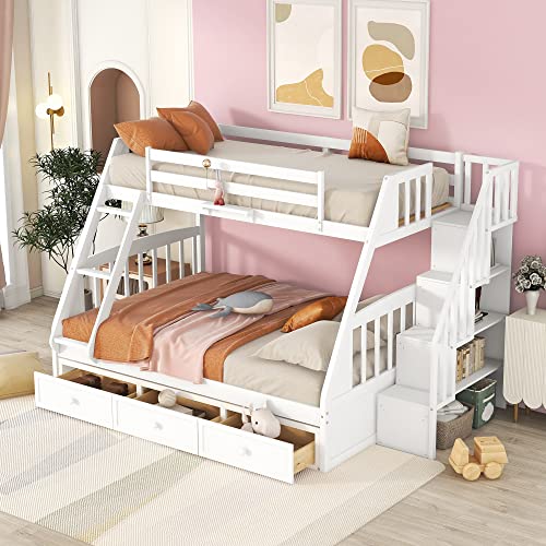 RuiSiSi Twin Over Full Bunk Bed with Staircase, Wooden Bunk Bed Frame with Drawers, Can be Convertible into 2 Beds, White