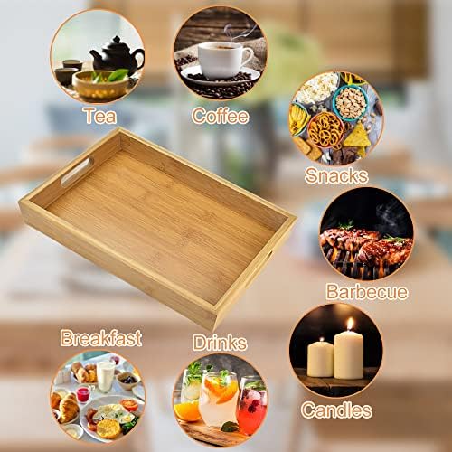 DECARETA Wooden Serving Tray Platter Board,30*20*4cm Rectangle Bamboo Wooden Tray with 2 Handles,Wooden Serving Platter,Rectangular Wood Trays Kitchen Nesting Trays for Breakfast Dinner Tea Dessert