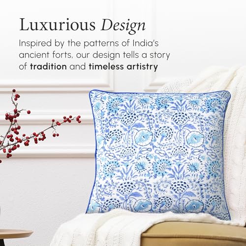 CPC 100% Cotton Throw Pillow Covers 16X16 Blue Block Print Pattern Couch Pillow, Cute Boho Decorative Pillows for Living Room, Bedroom with Hidden Zipper- Indigo Blue