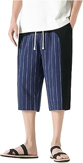 Men's Linen Capri Trousers Casual Drawstring Yoga Trousers for Men Baggy Harem Trousers Wide Leg Beach Summer Linen Capri Trousers Men's Casual Trousers 7/8 Wide Leg Loose Fit Summer Breathable Linen