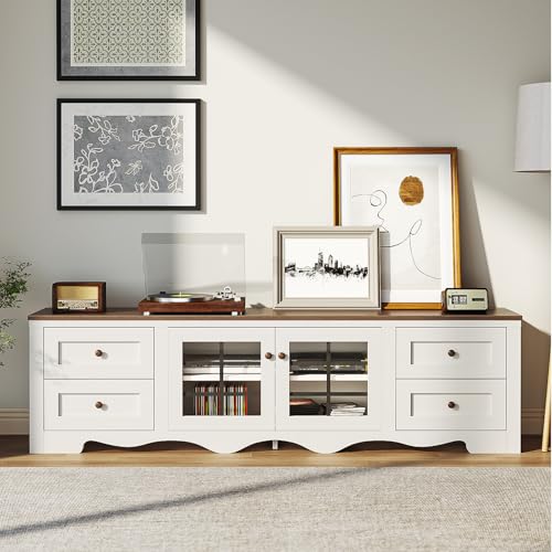 oneinmil 70\" Farmhouse TV Stand for TVs up to 75\", TV Console with Glass Door Storage Cabinet, Large Sturdy Wood Entertainment Center for Living Room Bedroom, White