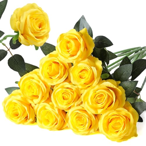 Nubry Artificial Silk Rose Flower Bouquet Lifelike Fake Rose for Wedding Home Party Decoration Event Gift 10pcs (Yellow)