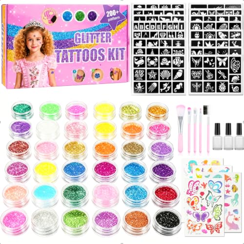 Glitzer Tattoo Set Kinder 36 Farben Wasserfeste Glitzertattoos Kinder Set Enthält 220 Schablonen 4 Tattoos 5 Pinsel 3 Kleber Temporäre Tattoos für Kinder Mädchen Partys Weihnachten