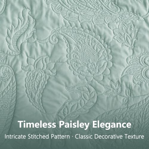 Image of HZ & HY Oversized Queen Bedspreads, Stitched Paisley, Aqua Sky
