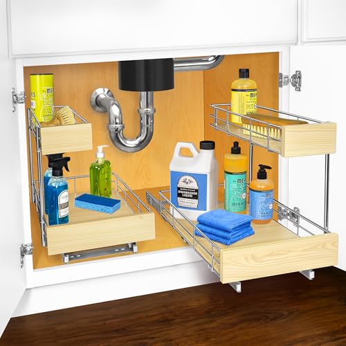 Image of LYNK PROFESSIONAL SELECT Pull Out Under Sink Kitchen Cabinet Organizer - 11.5 in. x 21 inch deep Drawer - Sliding Shelf Organizer and Undersink Storage Shelves - Lifetime Ltd. Warranty - Chrome