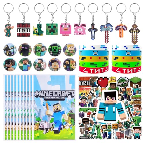 For Pixel Style Birthday Party Supplies 90pcs Party Favors for Includes 50 Stickers 10 Gift Bags 10 Wristbands 10 Keychains 10 Badges.
