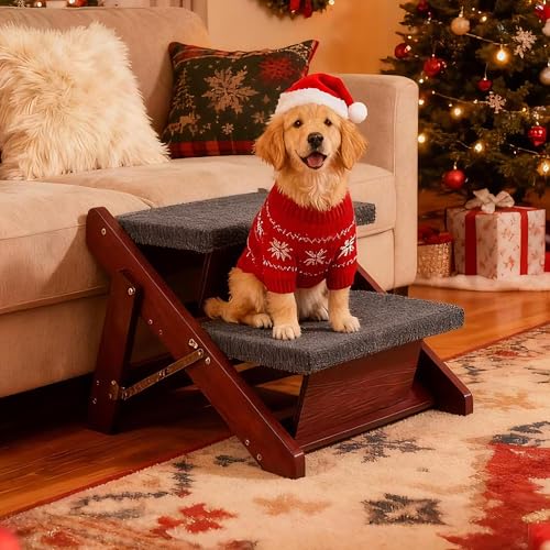MEWANG Wooden Pet Stairs/Pet Steps - 2-in-1 Foldable Stairs & Ramp for Beds and Cars - Portable Dog/Cat Ladder Up to 110 Pounds - Great for Small and Older Animals(Brown) (17.3\" L x 17.24\" W x 13\" H)