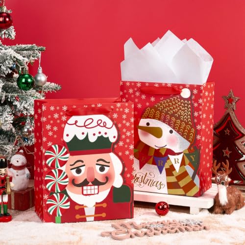 Image of Loveinside Christmas Paper Gift Bag Set, Red Penguin Santa Reindeer Nutcracker Design, Holiday Party Treat Bags with Handle, Tissue Paper for Kids Boys Girls, Xmas Party Supplies, 4 Pack, 7 inch X 4 inch X 9 inch