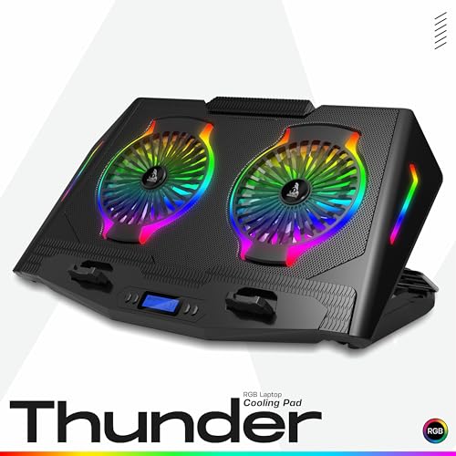 Image of TAG Gamerz Thunder Laptop Cooling Pad - 2 Silent RGB Turbo Fans, 7 RGB Modes, Detachable Mobile Holder, 17 inch Notebook Support, 5 Level Height Adjustment, LCD Display, Dual USB Hub, Antislip Baffle