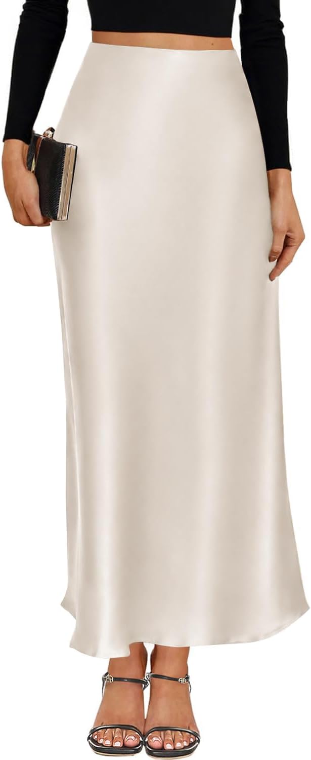 2026 Satin High Waisted Maxi Skirt Silk A-Line Spring Summer Casual Long Skirts for Women