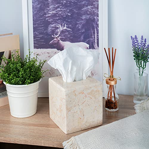 Creative Home Natural Champagne Marble Square Tissue Box Cover Facial Tissue Paper Holder Bathroom Vanity Countertop Organizer For Bedroom Dresser Night Stand End Table, 5.2" X 5.2" X 5.5" H, Beige #TOP1