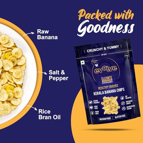 Image of Evolve Kerala Banana Chips Healthy Snacks for Kids, Adults | Gluten-Free, No Sugar or Colors, Vacuum Fried | Ideal for Weight Loss -100g Pack of 3