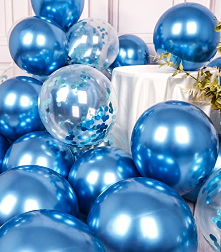Image of SUWEN Metallic Blue and Confetti Balloons Set 47PCS Royal Blue | Latex Helium Chrome Balloon for Birthday Graduation Party Decorations