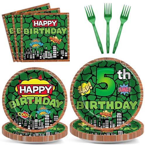 96Pcs Turtle 5th Party Supplies Super Theme Hero Turtle Paper Plates and Napkins Cartoon Green Comics 5th Birthday Tableware Decorations for Kids Boys Ninja Themed Tortoise 5 Year Old Party Favor