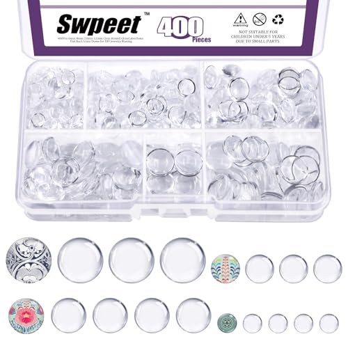 Swpeet 400Pcs 4 Sizes 6mm/8mm/10mm/12mm Transparent Glass Dome Cabochons Round Cabochon Tiles Assortment Kit, Clear Round Cabochons Tiles Fits for Photo Pendant Necklace DIY Craft Jewelry Making
