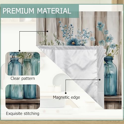 Image of Blue Mason Jars Flowers Dishwasher Magnets Decorative Cover,Rustic Wooden Boards Waterproof Magnetic Dishwasher Cover Panel,Refrigerator Magnet Cover for Kitchen Home Decor 23x26 Inch