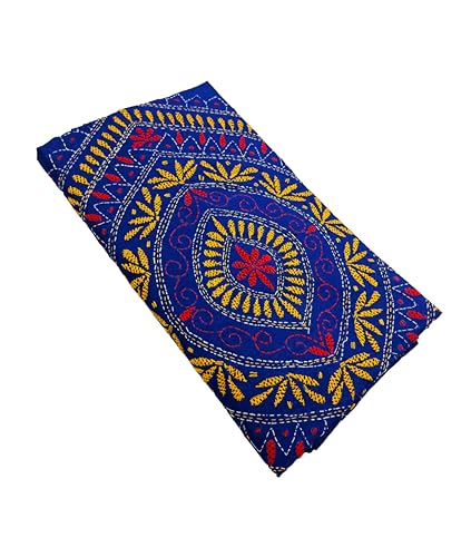 Image of SHRISTI CLOTHINGS Women's Hand Embroidered Cotton Silk Kantha Stitch Saree with Blouse Piece (J420824 BLUED74)