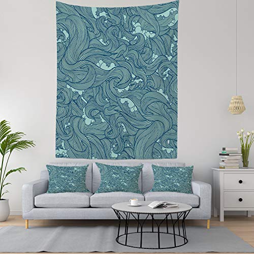 Shrahala Japanese Illustration Wall Tapestry, Blue Ocean Plain Paisley Navajo Teal Wall Hanging Large Tapestry Decoration Polyester Fiber White Hem Around thumb #2