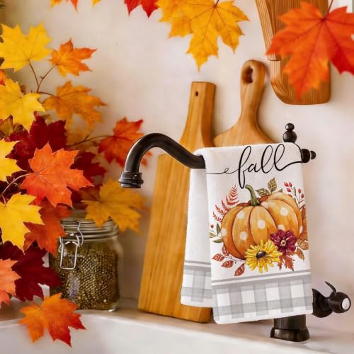 Image of Fall Pumpkin Kitchen Towel Farmhouse Grey Buffalo Plaid Dish Towels Set of 2, Autumn Thanksgiving 18 x 26 Inch Hand Towel Quick Drying Dishcloth Decor for Kitchen Bathroom Home