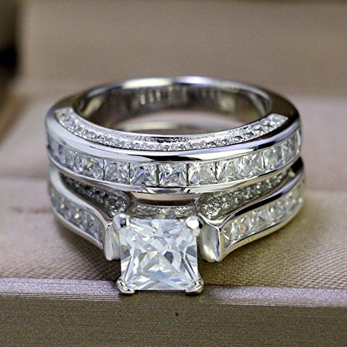 White Gold Plated Womens Wedding Ring Sets Bridal Sets Princess Cut Cz Engagement Ring Wedding Bands4