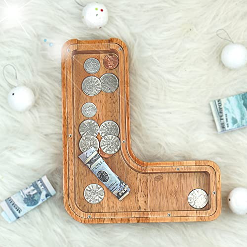 Image of Piggy Bank for Kids Boys Girls, Large Personalized Wooden Letter Piggy Bank with Cut-Out Design, Alphabet Letter Coin Banks, Money Savings Box, Wooden Bank for Kids Creative Gift for Real-Money(L)