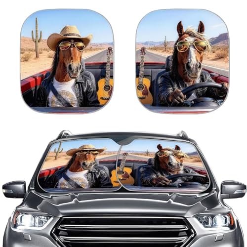 Image of 2 PCS Fashion Horse Windshield Sun Shade Folding Automotive Windshield Sunshades Auto Interior Protector Sun Shield for Front Window Blocks UV Rays and Keeps Vehicle Cool