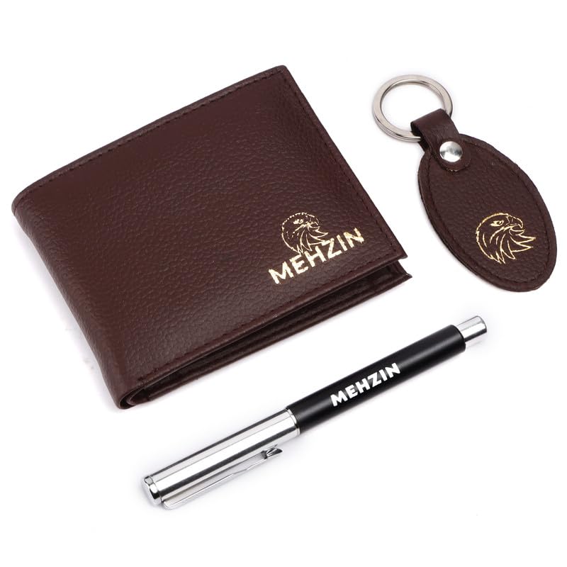 Men Formal Brown Artificial Leather Wallet,Key Ring & Pen 3Pcs Combo Gift Set (5 Card Slots) Style-192-image-32