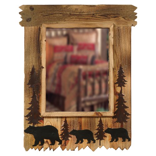 Black Forest Décor Rustic Wood Mirror with Bear Silhouettes - Lodge Style Wall Decor