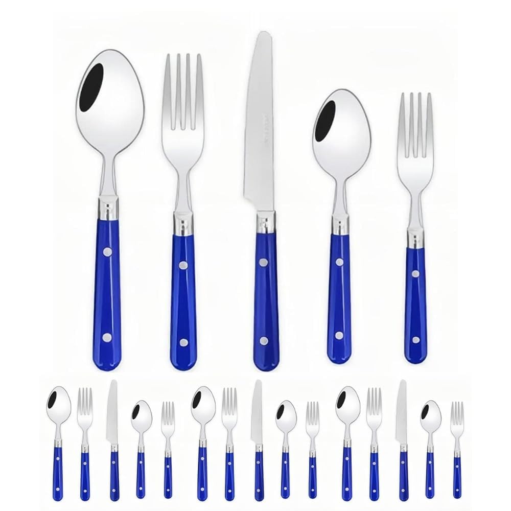 Two Nail Plastic Handle Kitchen Stainless Steel Silverware Tableware Flatware Cutlery Set Steak Knife Fork Spoon Teaspoon (Blue,20 Pieces)
