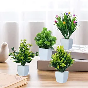 Modo Artificial Bonsai Mini Table Top Plant with Pot for Home & Office Decor- (15 CM, Set of 4 Plant) - Green|Yellow|Multicolor