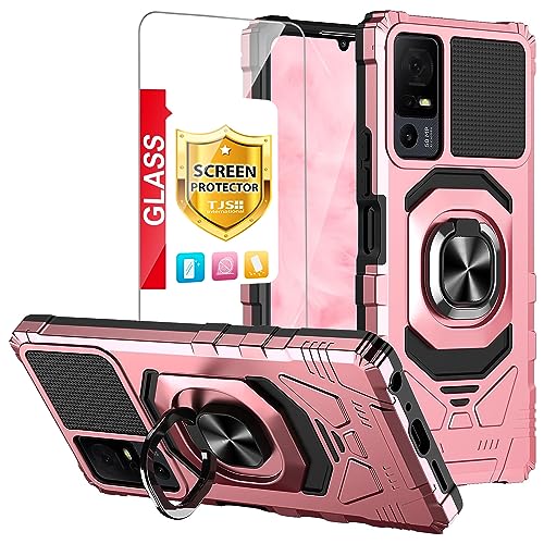TJS Case for TCL 40 XL & T608DL Lively Jitterbug Smart4 - Tempered Glass Screen Protector Metal Ring Kickstand Heavy Duty Drop Protector (Rose Gold)